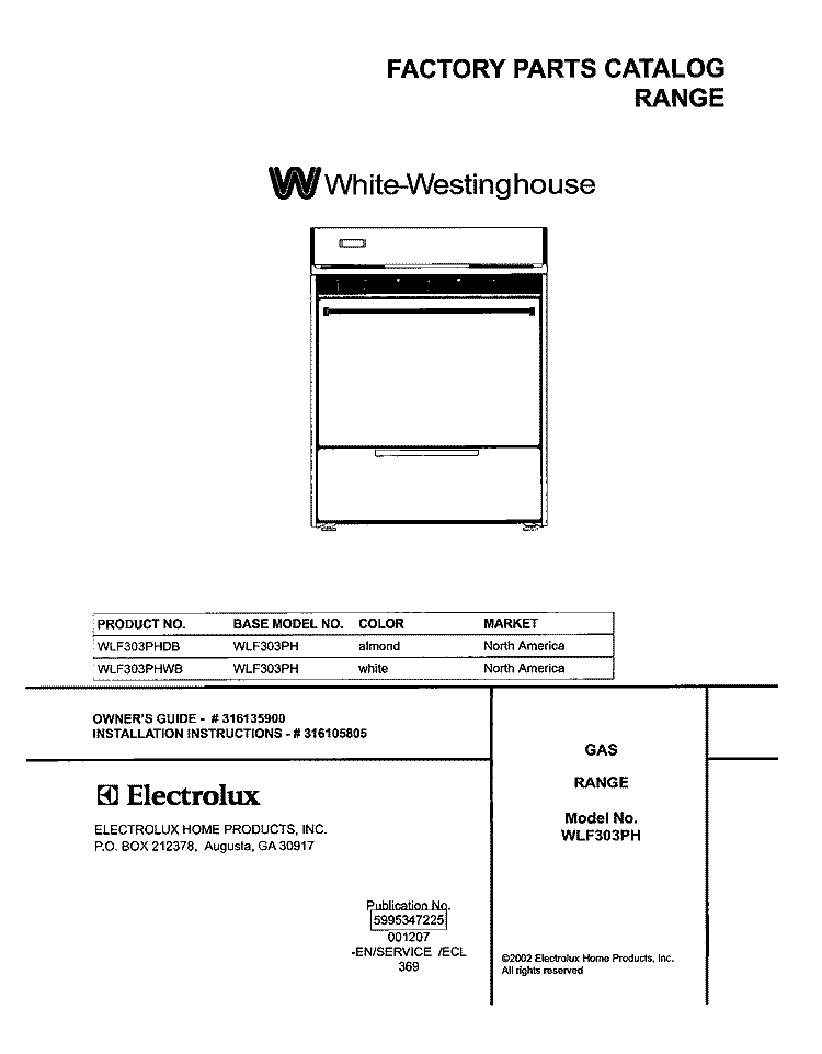 COVER Diagram and Parts List for WLF303PHDB  Westinghouse Range
