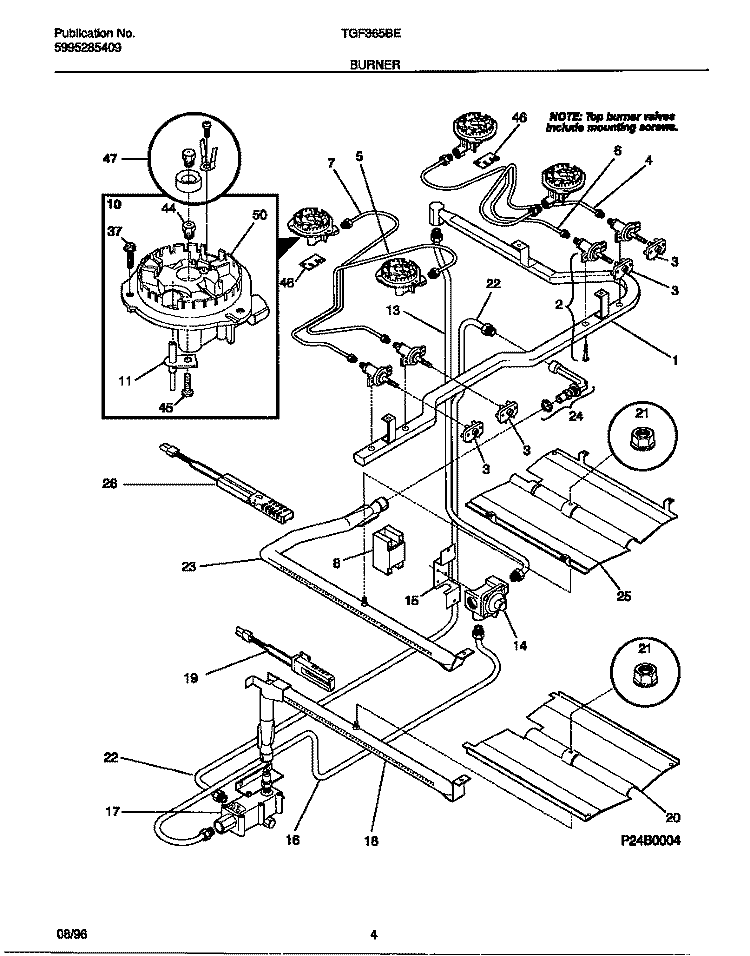 BURNER Diagram and Parts List for TGF365BEDA  Tappan Range