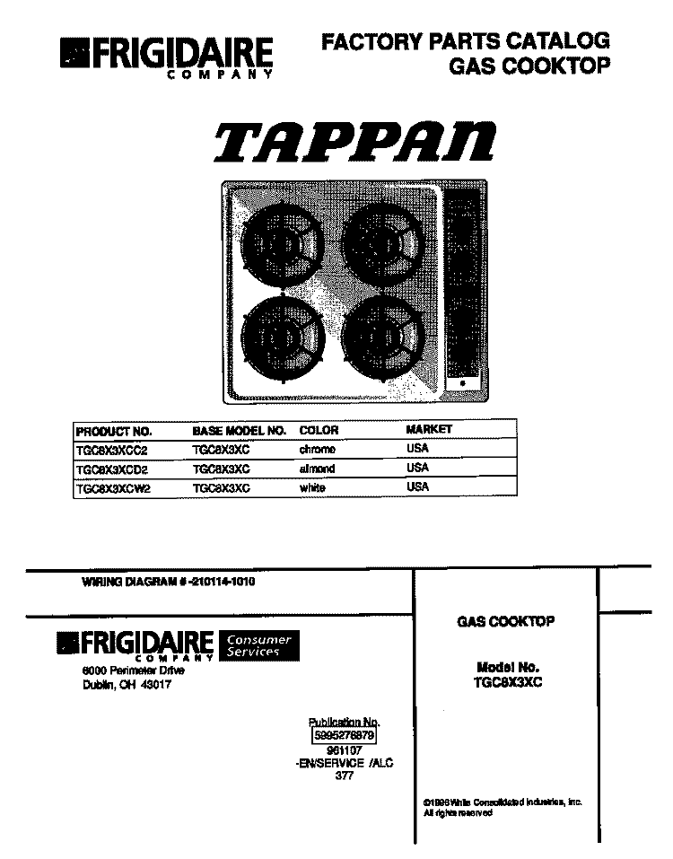 COVER Diagram and Parts List for TGC8X3XCW2  Tappan Cooktop