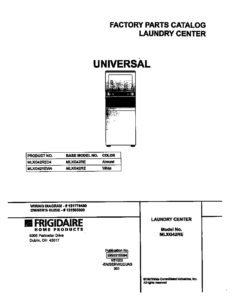 COVER Diagram and Parts List for MLXG42RED4  Frigidaire Washer Dryer Combo
