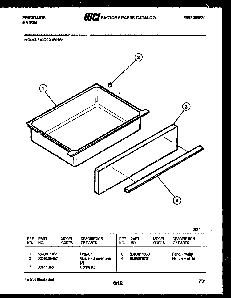 DRAWER PARTS Diagram and Parts List for REGS39WNW4  Frigidaire Range