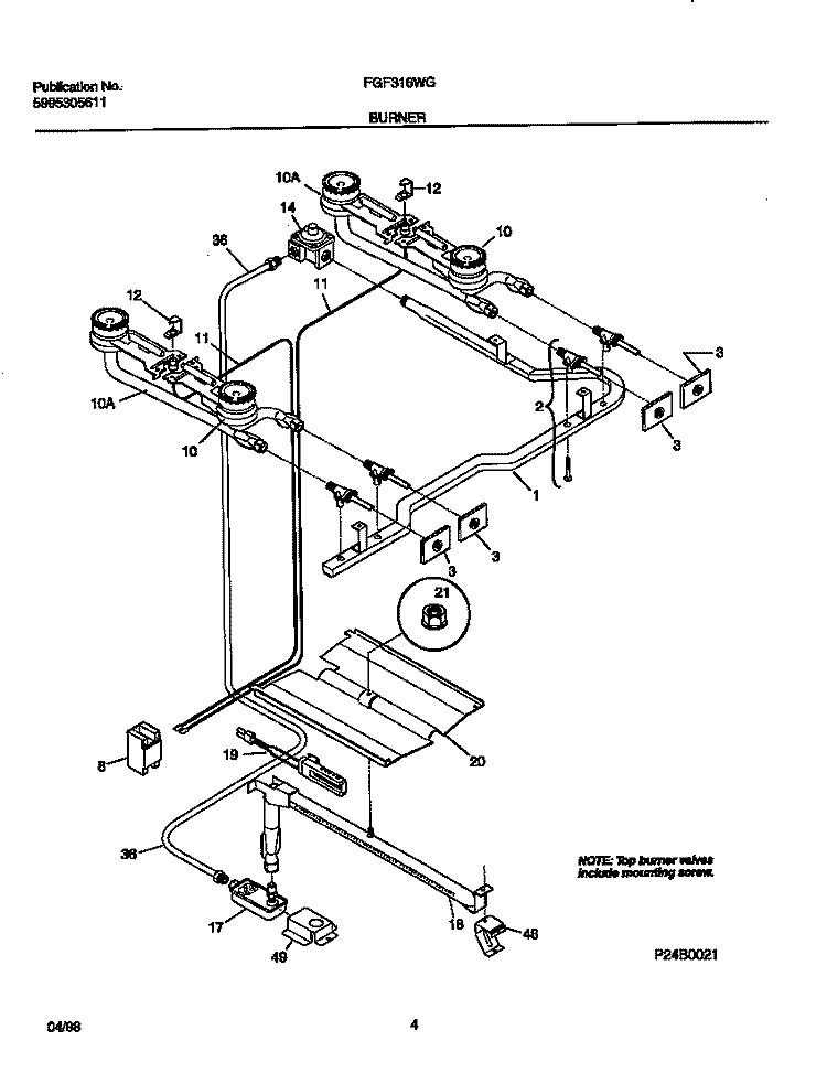 BURNER Diagram and Parts List for FGF316WGSA  Frigidaire Range