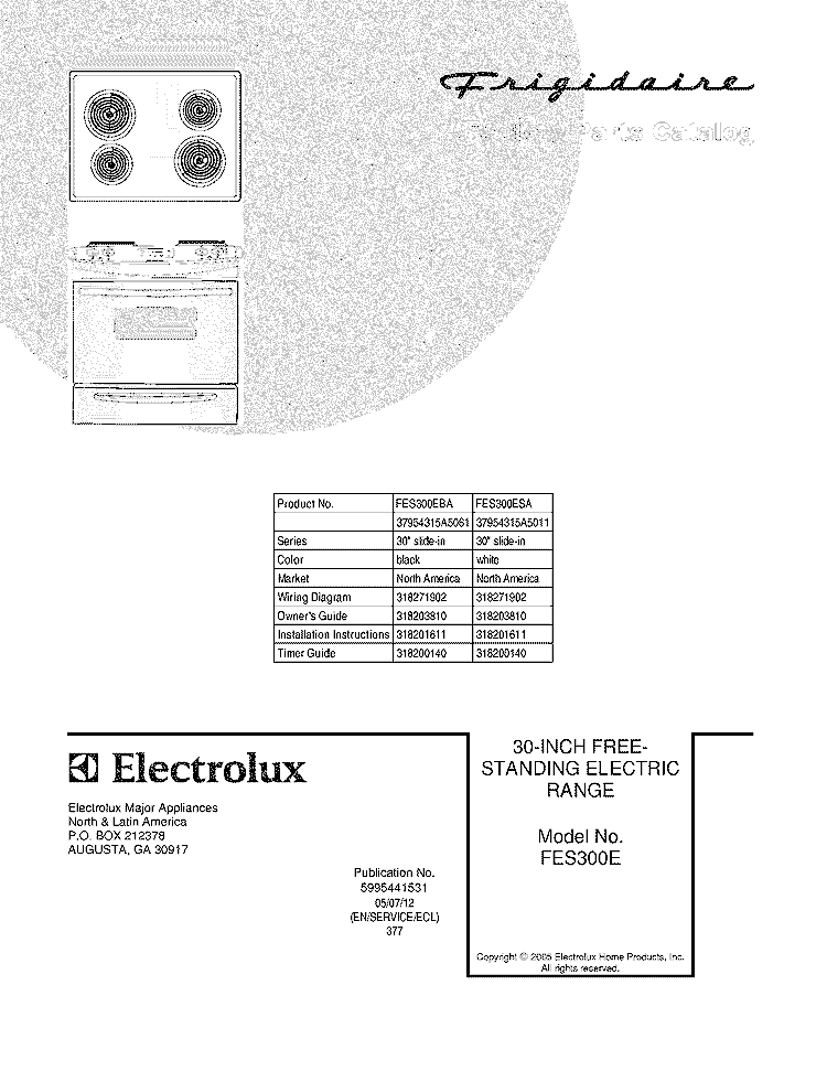 COVER Diagram and Parts List for FES300ESA  Frigidaire Range