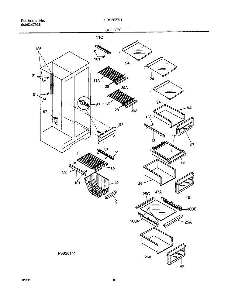 SHELVES Diagram and Parts List for FRS26ZTHD5  Frigidaire Refrigerator