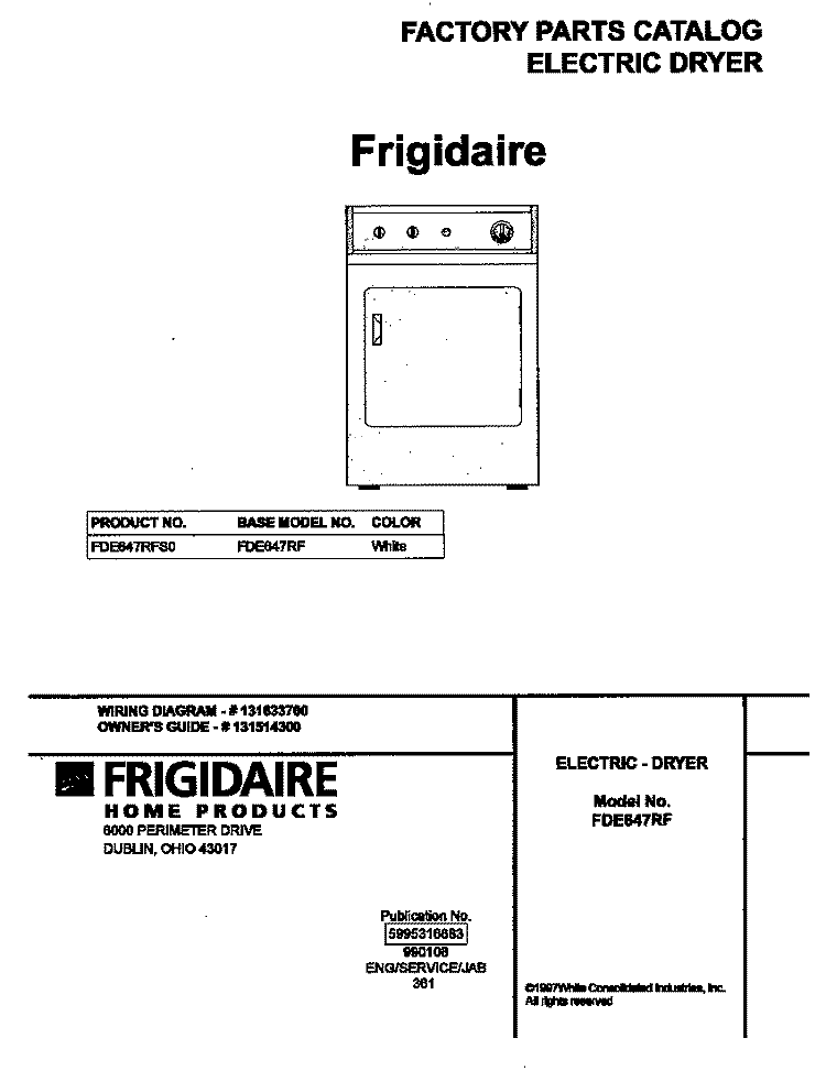 COVER Diagram and Parts List for FDE647RFS0  Frigidaire Dryer