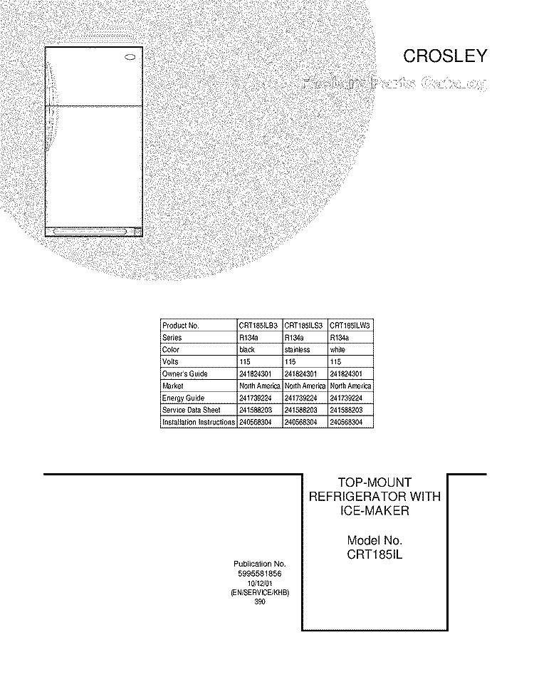 COVER Diagram and Parts List for CRT185ILB3  Frigidaire Refrigerator