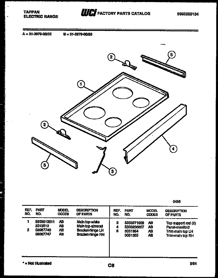 COOKTOP PARTS Diagram and Parts List for 31-3979-23-02  Tappan Range