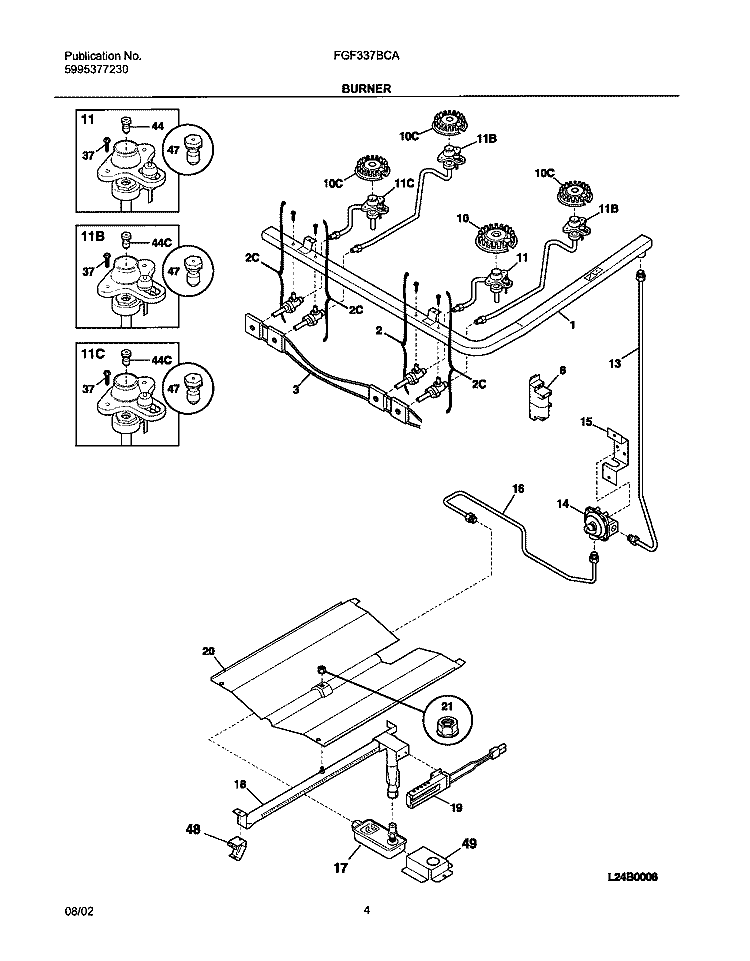 BURNER Diagram and Parts List for FGF337BCA  Frigidaire Range