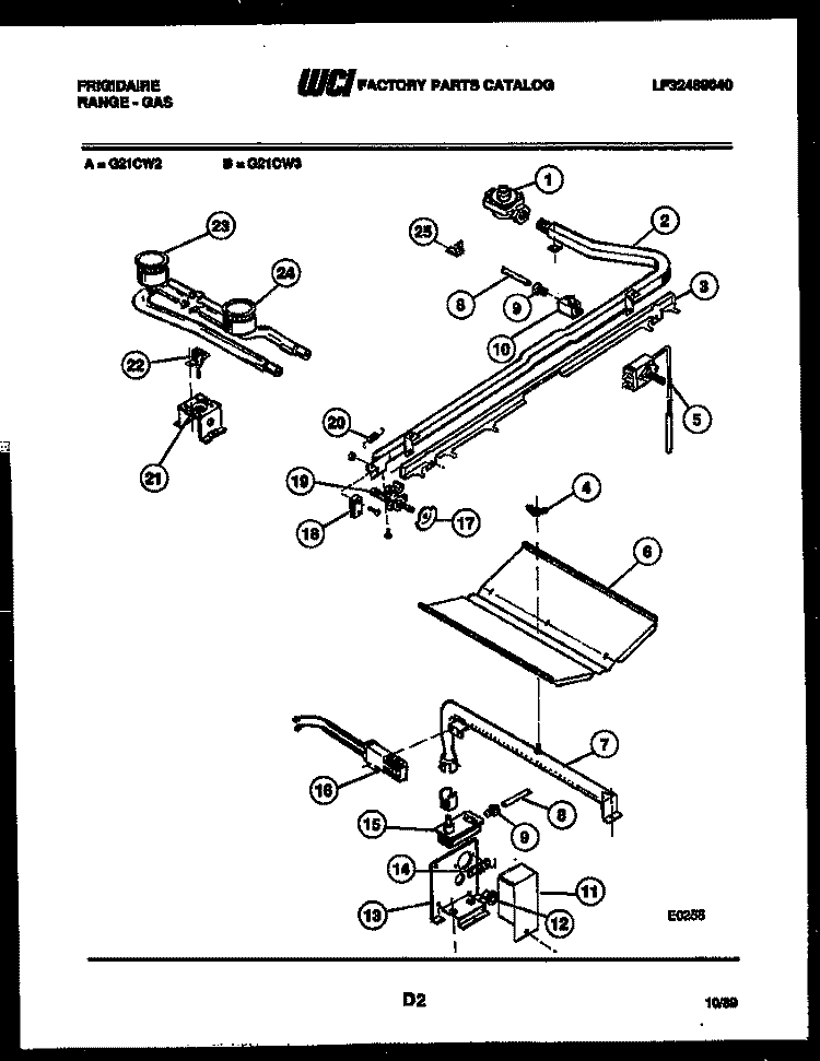 BURNER, MANIFOLD AND GAS CONTROL Diagram and Parts List for G21CW3  Frigidaire Range