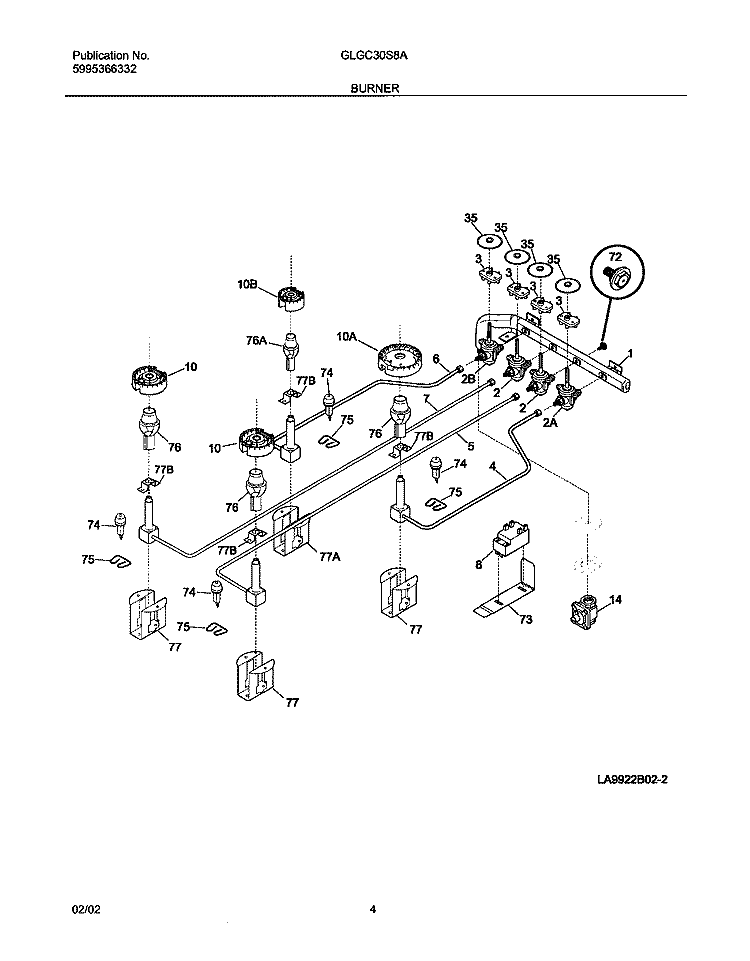 BURNER Diagram and Parts List for GLGC30S8AQB  Frigidaire Cooktop