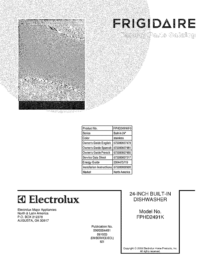 Cover Diagram and Parts List for FPHD2491KF0  Frigidaire Dishwasher