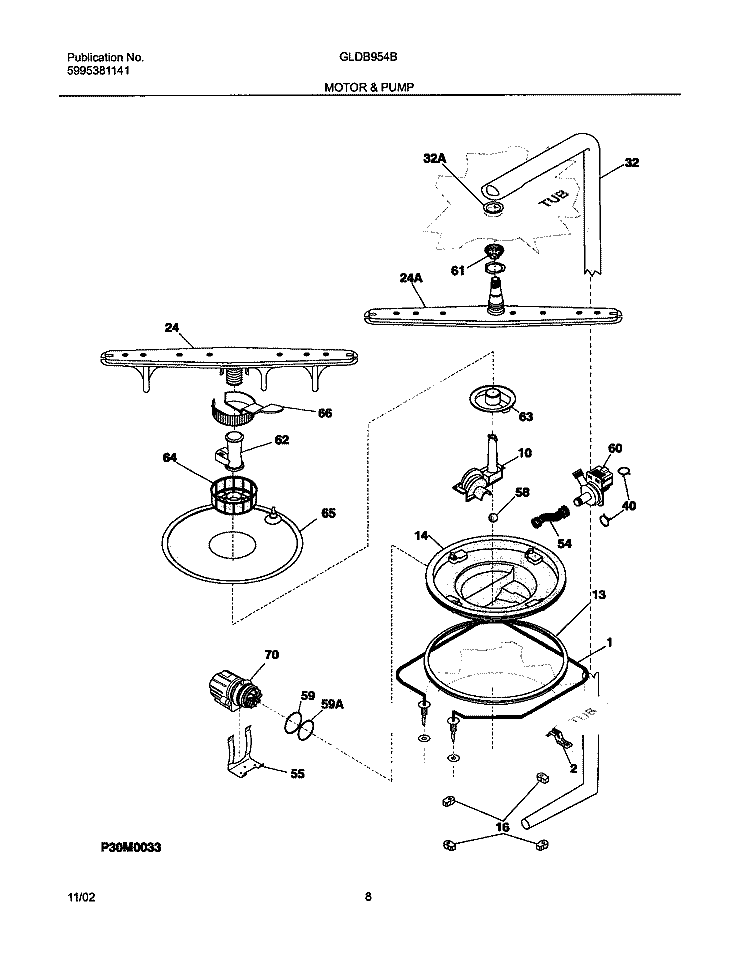 MOTOR & PUMP Diagram and Parts List for GLDB954BS1  Frigidaire Dishwasher