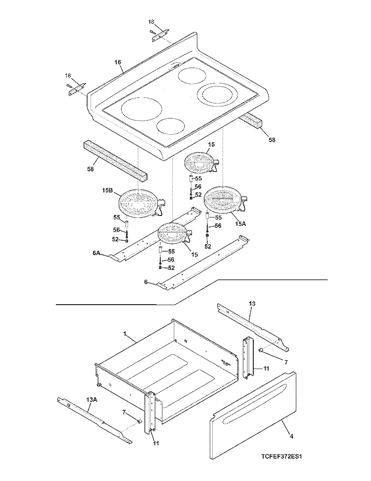 TOP / DRAWER Diagram and Parts List for CFEF372EQ3  Frigidaire Range