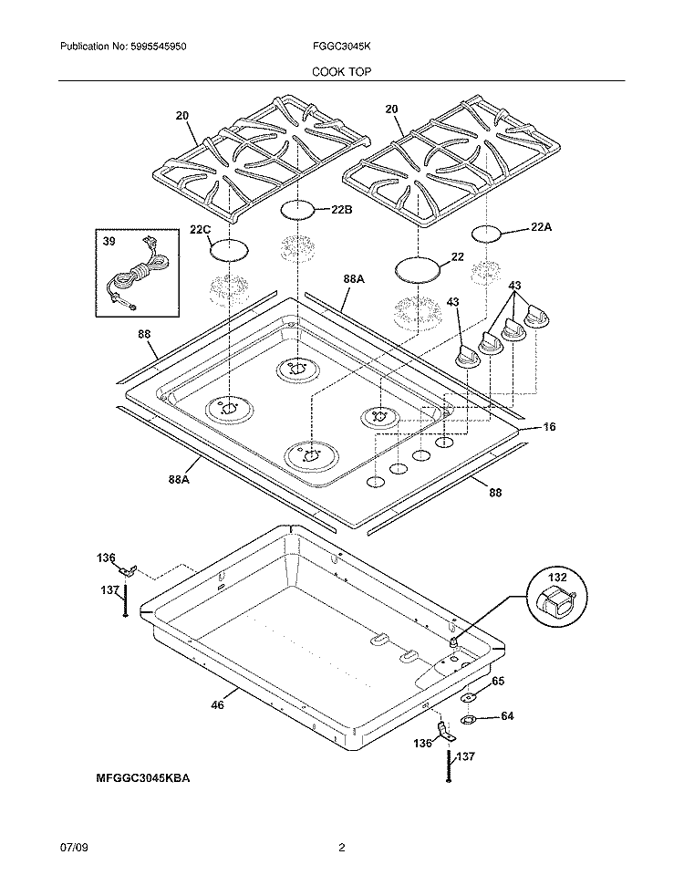 MAINTOP Diagram and Parts List for FGGC3045KBA  Frigidaire Cooktop