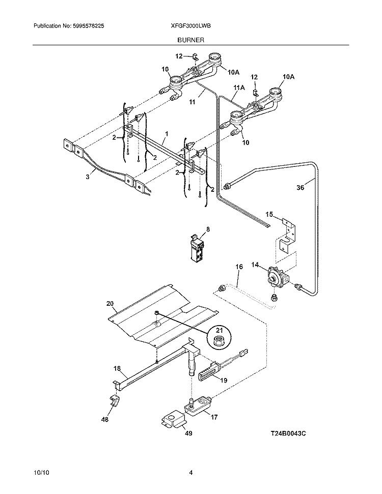 BURNER Diagram and Parts List for XFGF3000LWB  Frigidaire Range