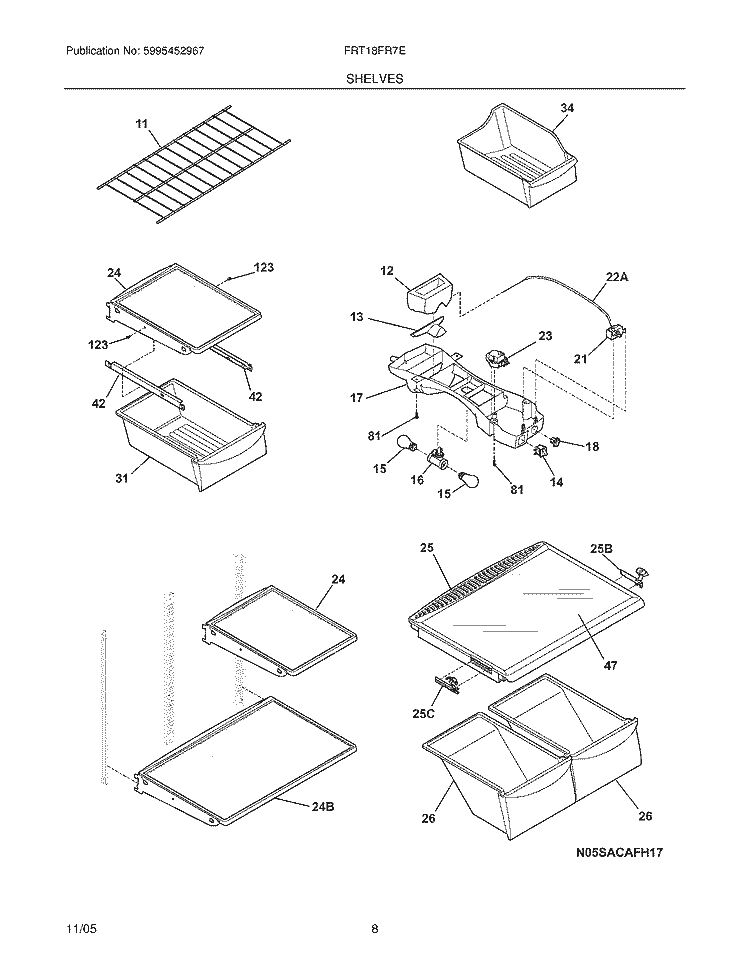 SHELVES Diagram and Parts List for FRT18FR7EQ6  Frigidaire Refrigerator
