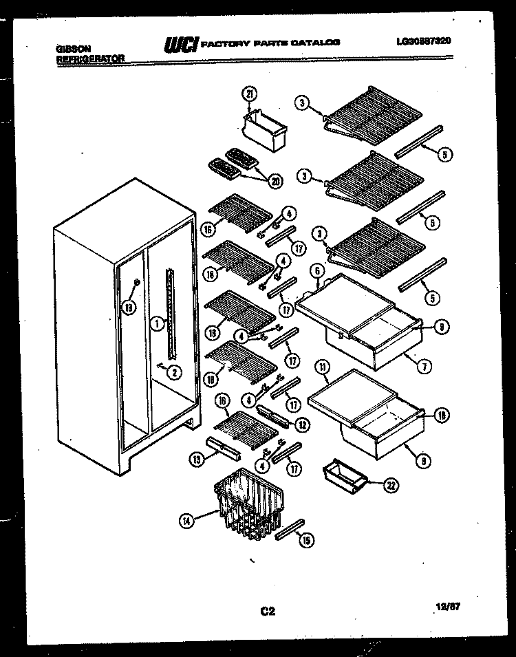 SHELVES AND SUPPORTS Diagram and Parts List for RS22F7WU1B  Gibson Refrigerator