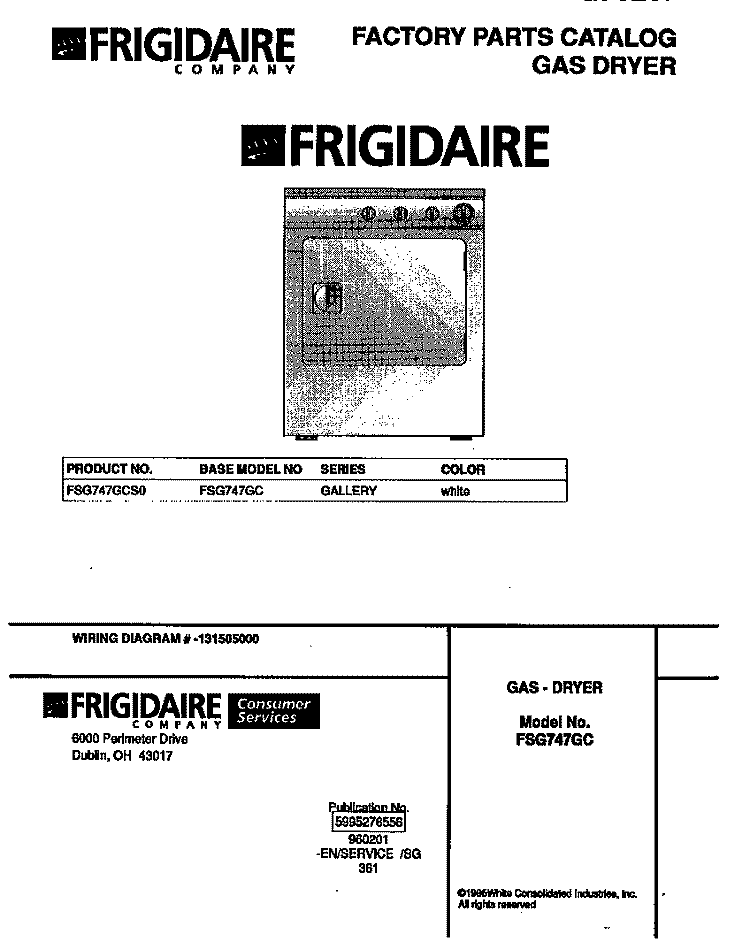 COVER Diagram and Parts List for FSG747GCS0  Frigidaire Dryer