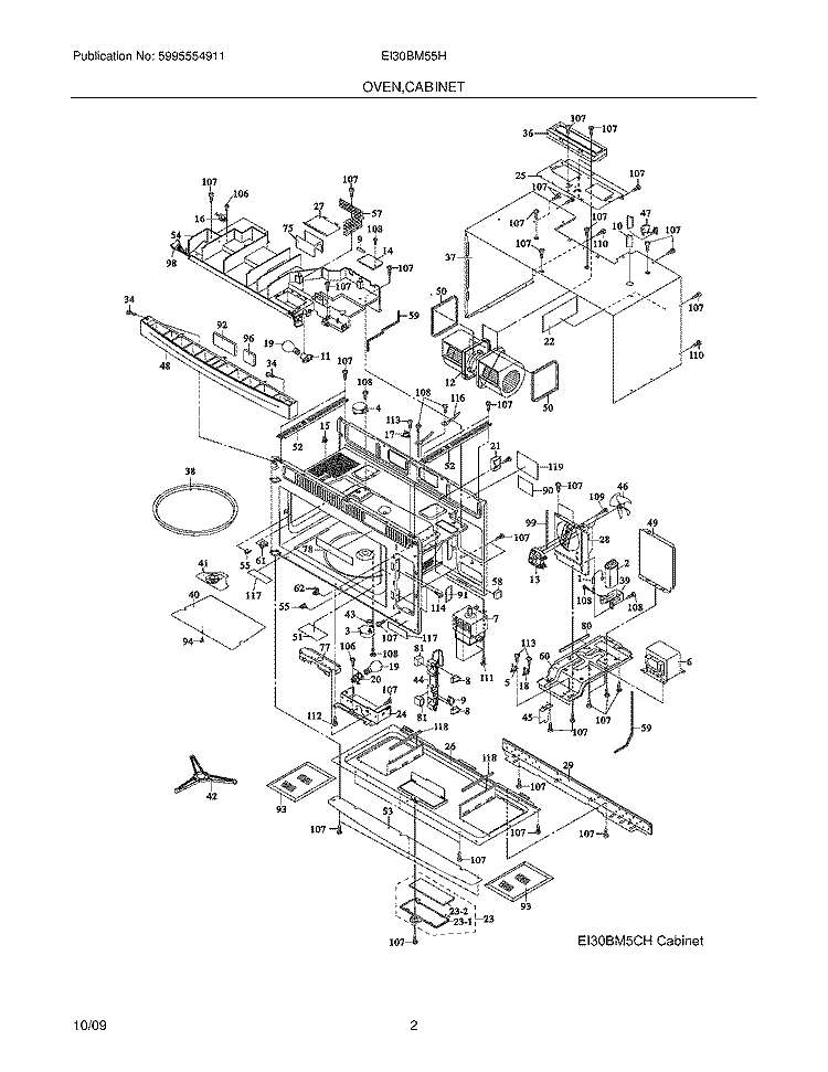 OVEN/CABINET Diagram and Parts List for EI30BM55HWB  Electrolux Microwave