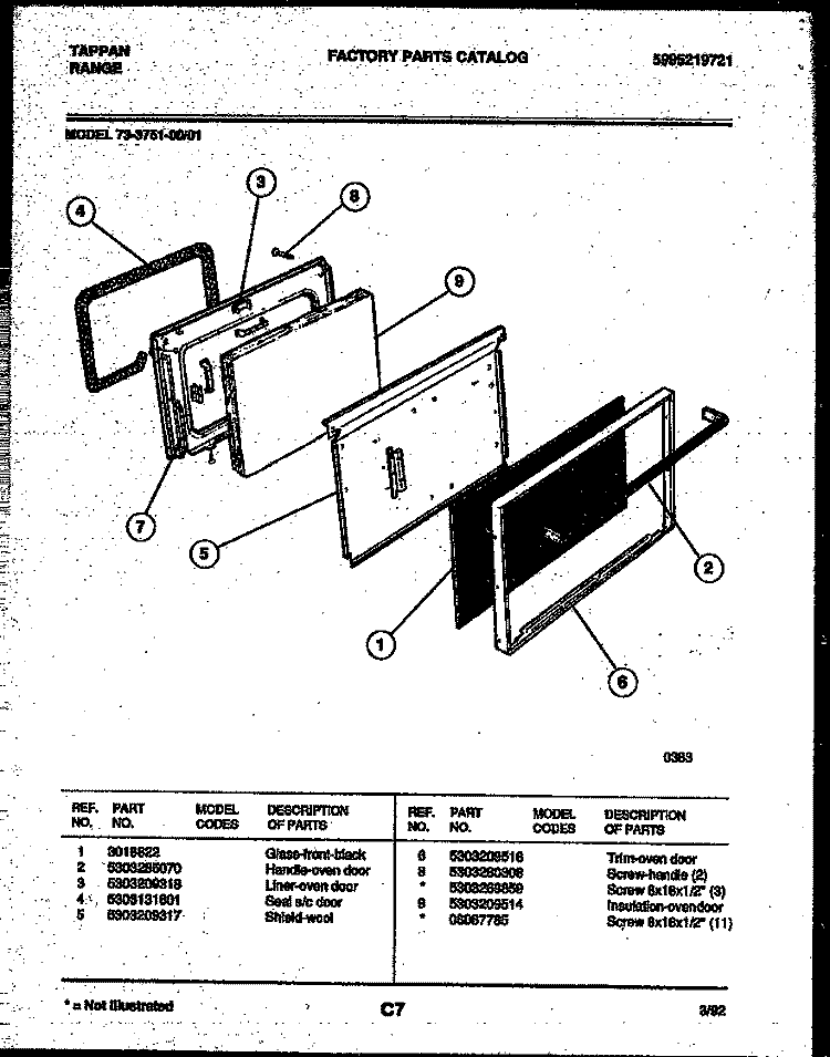 LOWER OVEN DOOR PARTS Diagram and Parts List for 73-3751-66-01  Tappan Range