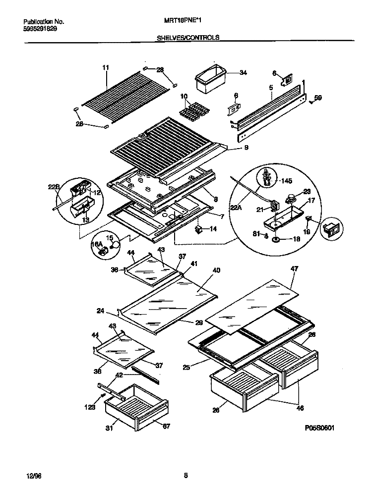SHELVES / CONTROLS Diagram and Parts List for MRT18PNED1  Frigidaire Refrigerator