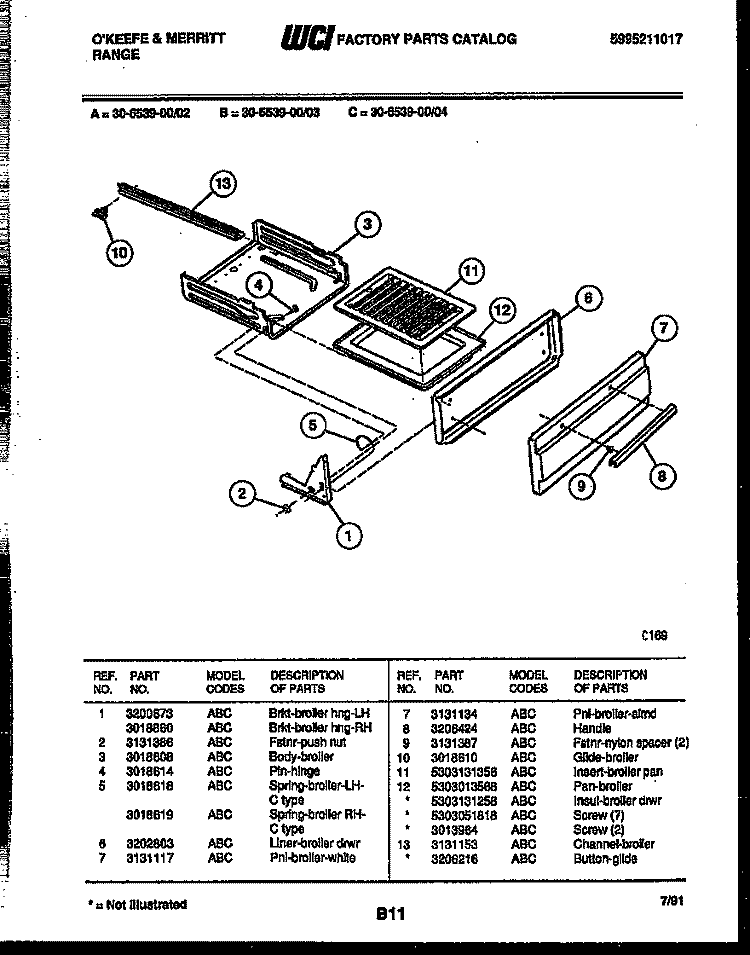 BROILER DRAWER PARTS Diagram and Parts List for 30-6539-00-03  Tappan Range