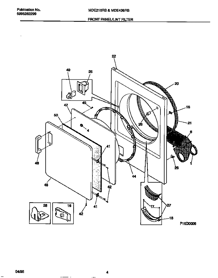 FRONT PANEL / LINT FILTER Diagram and Parts List for MDE216RBW2  Frigidaire Dryer