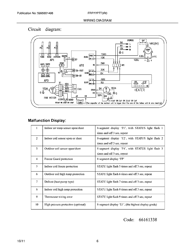 WIRING DIAGRAM Diagram and Parts List for FRP77PTT3R0  Frigidaire Air Conditioner