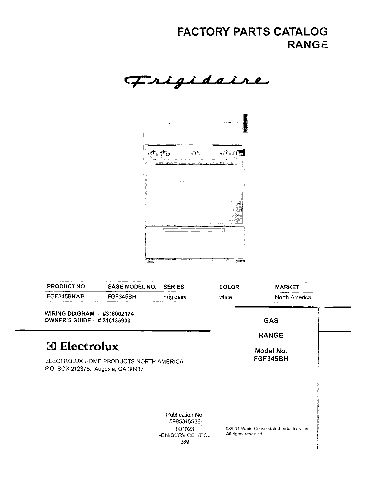 COVER Diagram and Parts List for FGF345BHWB  Frigidaire Range