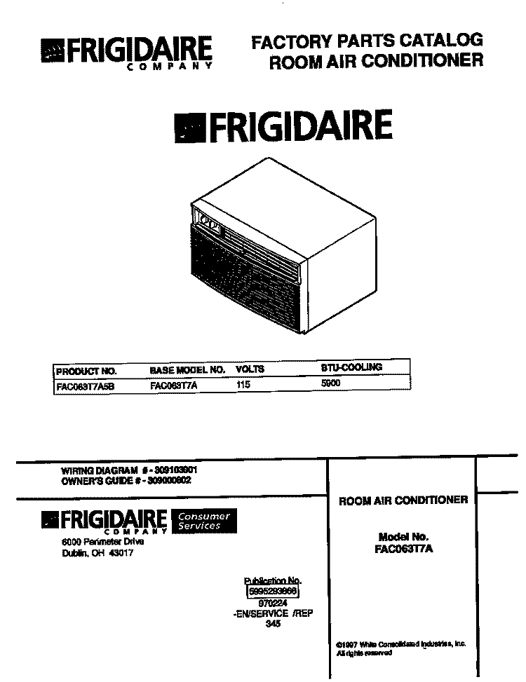 COVER Diagram and Parts List for FAC063T7A5B  Frigidaire Air Conditioner