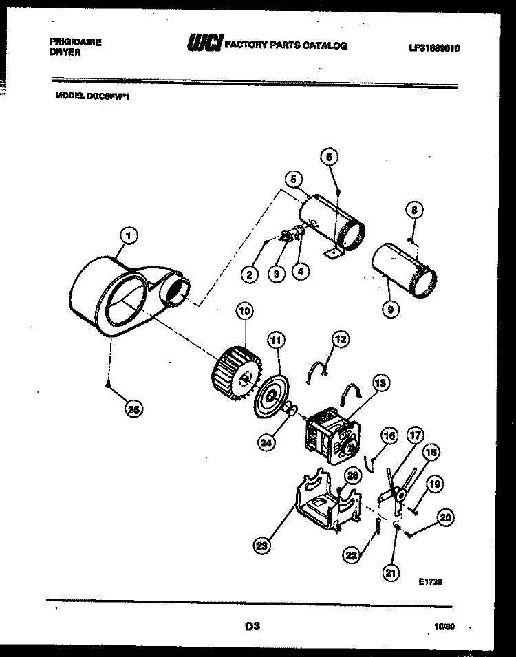 MOTOR AND BLOWER PARTS Diagram and Parts List for DGCSFW1  Frigidaire Dryer