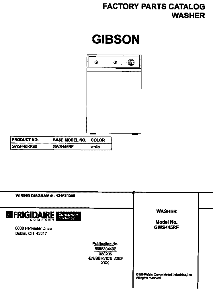 COVER Diagram and Parts List for GWS445RFS0  Gibson Washer