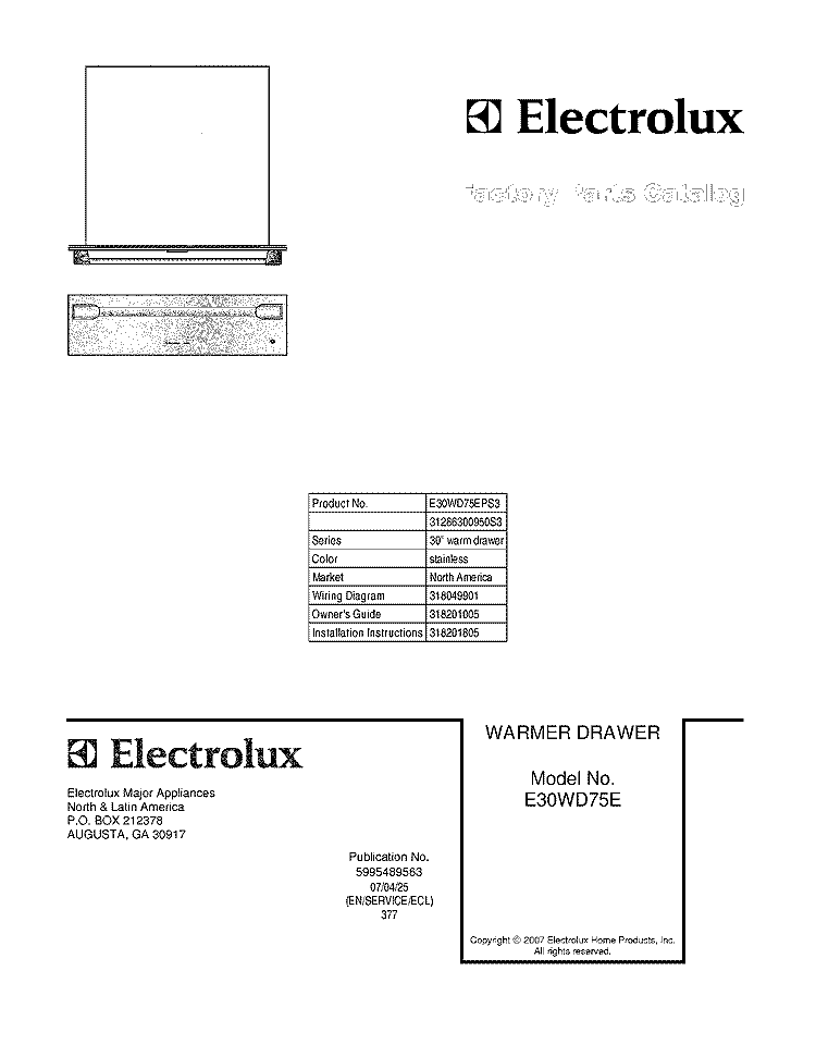 COVER Diagram and Parts List for E30WD75EPS3  Electrolux Warming Drawer