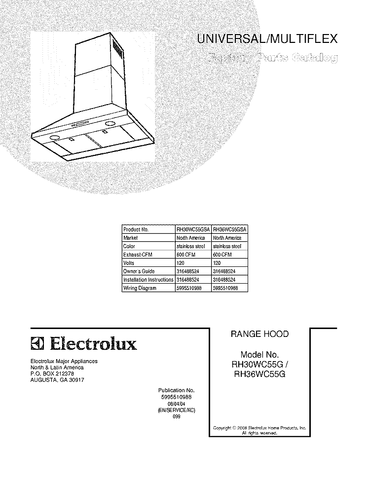 COVER Diagram and Parts List for RH36WC55GSA  Uni Range Hood