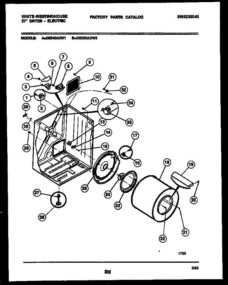 CABINET AND COMPONENT PARTS Diagram and Parts List for DE640ADW1  Frigidaire Dryer