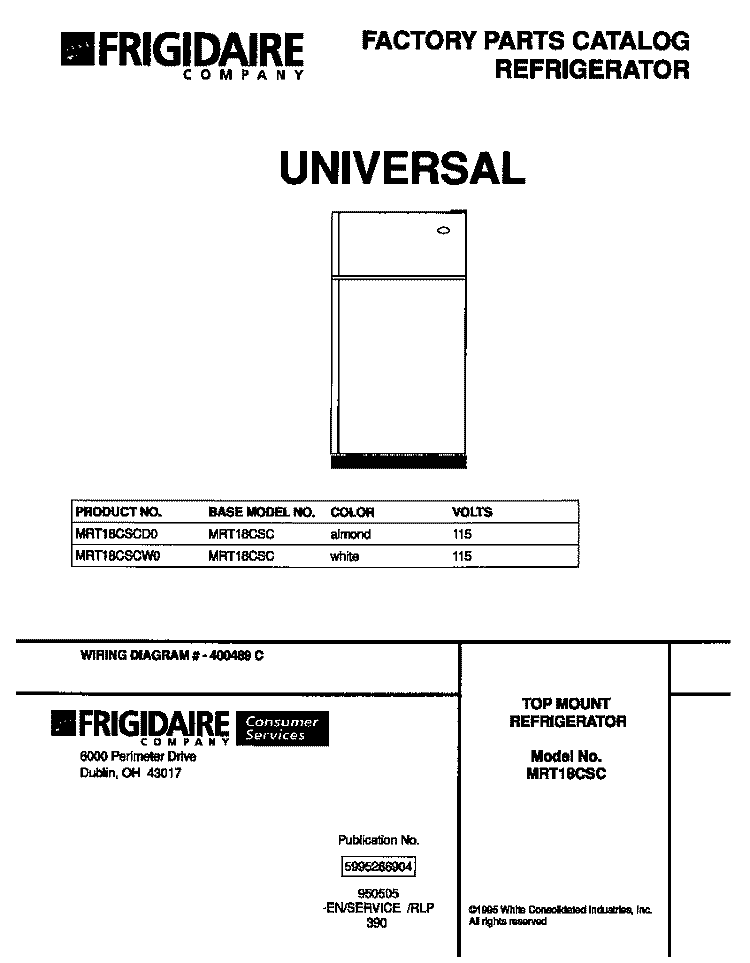 COVER Diagram and Parts List for MRT18CSCD0  Frigidaire Refrigerator
