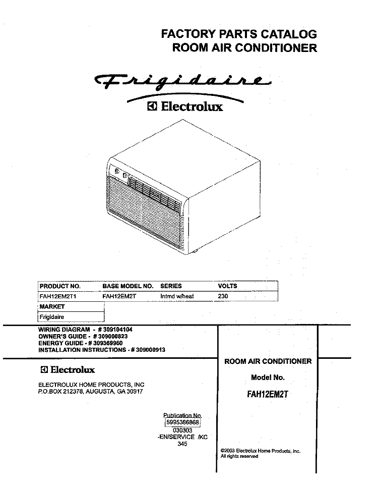 COVER Diagram and Parts List for FAH12EM2T1  Frigidaire Air Conditioner