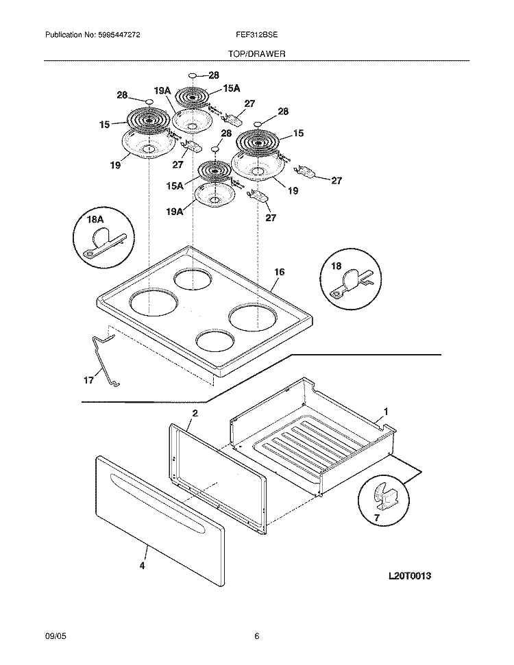 TOP / DRAWER Diagram and Parts List for FEF312BSE  Frigidaire Range