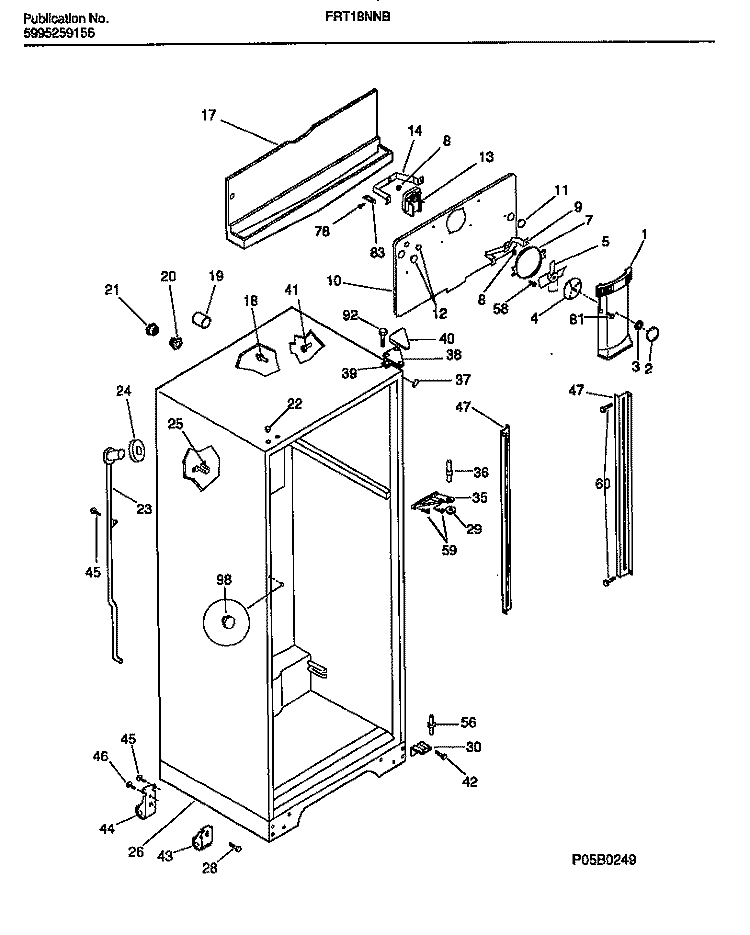 CABINET W / FAN ASSEMBLY Diagram and Parts List for FRT18NNBW2  Frigidaire Refrigerator