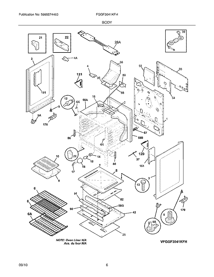 BODY Diagram and Parts List for FGGF3041KFH  Frigidaire Range
