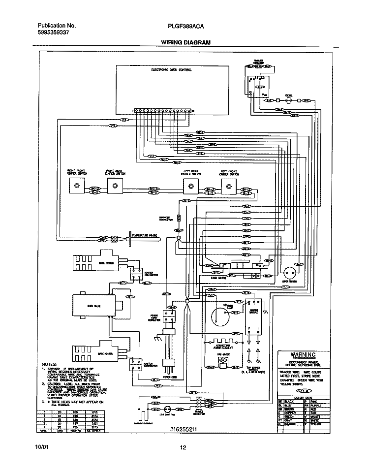WIRING DIAGRAM Diagram and Parts List for PLGF389ACA  Frigidaire Range