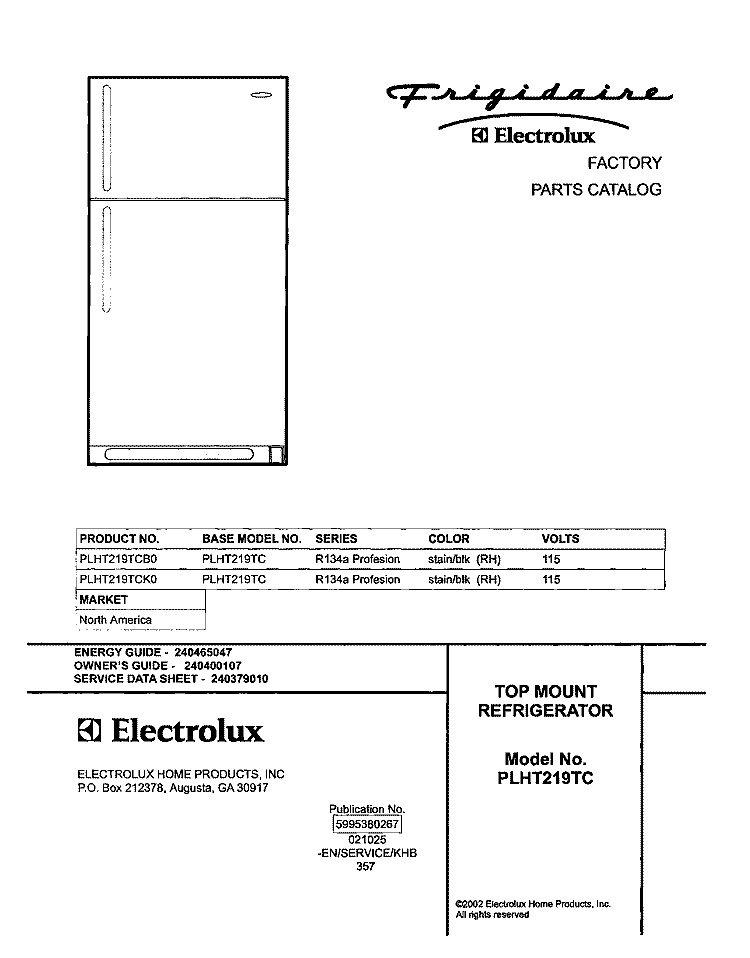 COVER Diagram and Parts List for PLHT219TCB0  Frigidaire Refrigerator