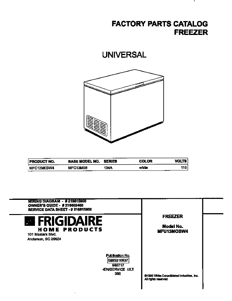 COVER Diagram and Parts List for MFC13M0BW4  Frigidaire Freezer