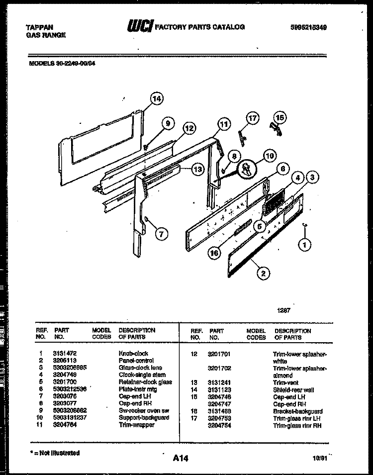BACKGUARD Diagram and Parts List for 30-2249-00-04  Tappan Range