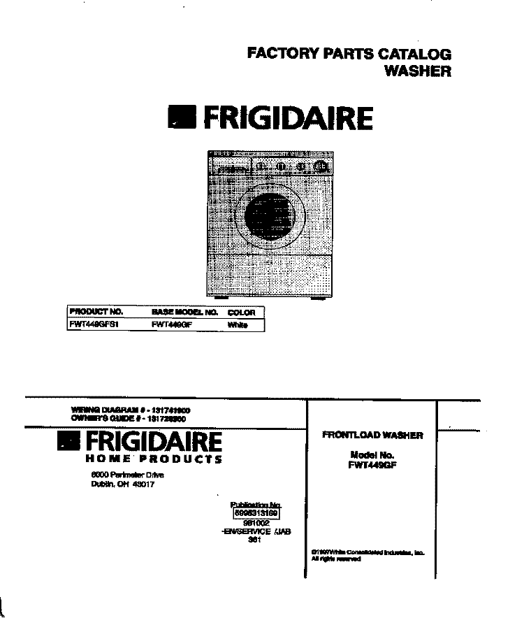COVER Diagram and Parts List for FWT449GFS1  Frigidaire Washer