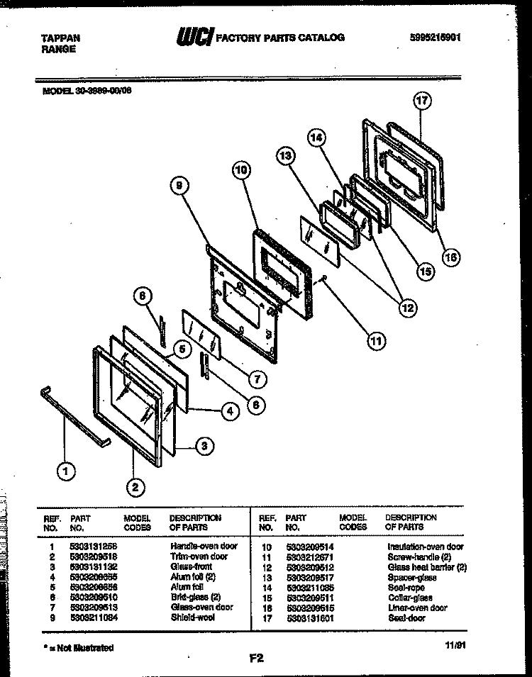 DOOR PARTS Diagram and Parts List for 30-3989-00-06  Tappan Range