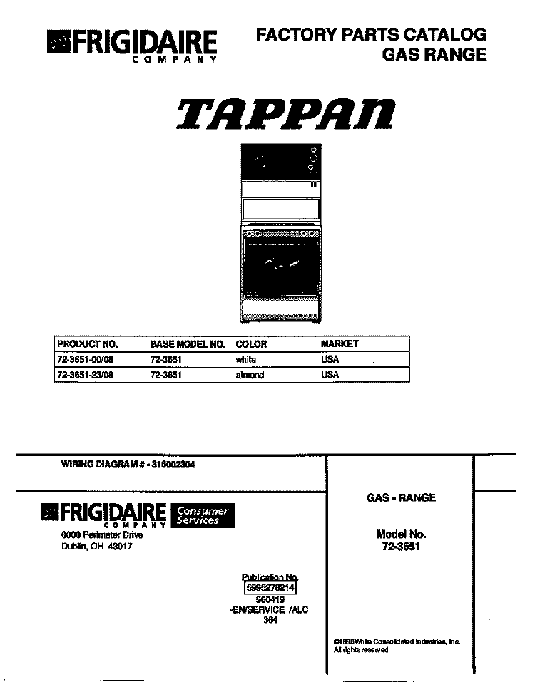 COVER Diagram and Parts List for 72-3651-00-08  Tappan Range