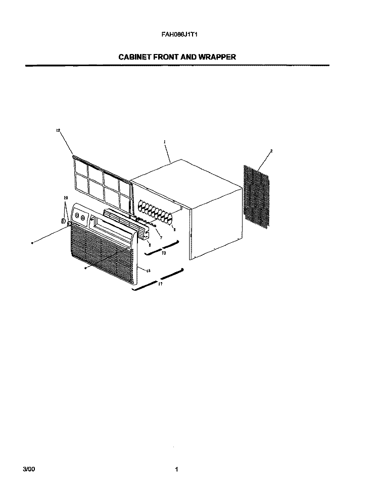 FRONT AND WRAPPER Diagram and Parts List for FAH086J1T1  Frigidaire Air Conditioner