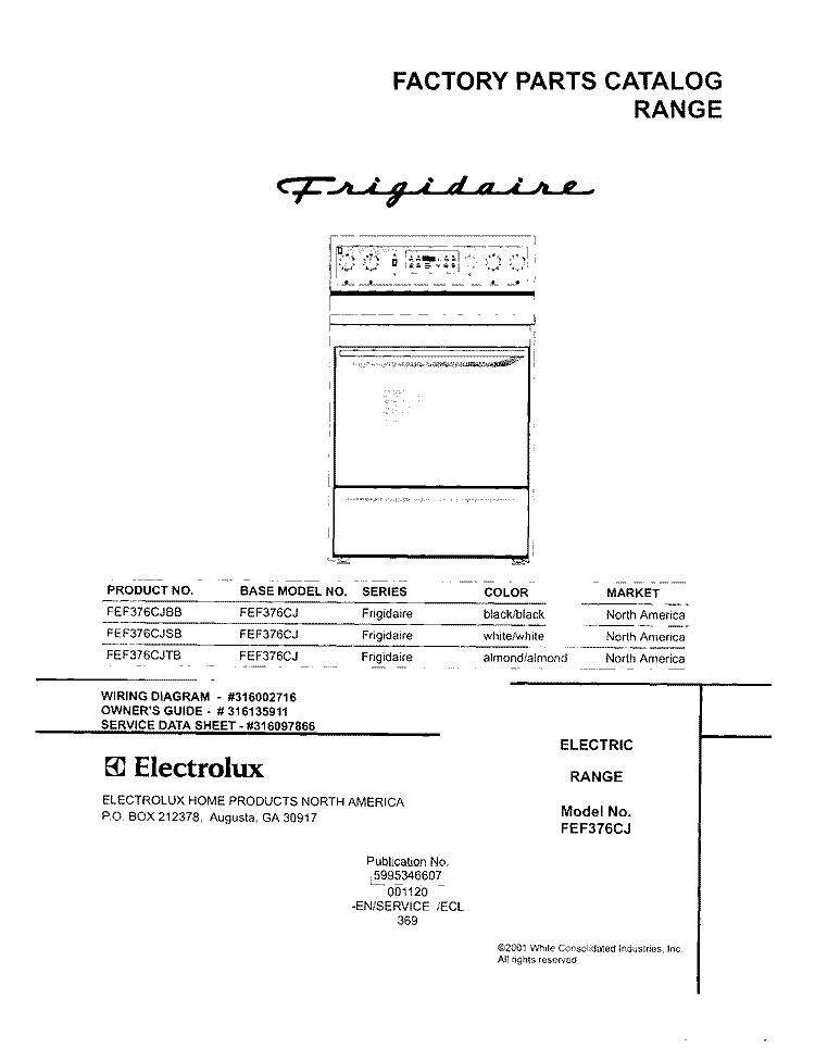 COVER Diagram and Parts List for FEF376CJSB  Frigidaire Range