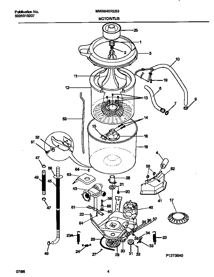 MOTOR / TUB Diagram and Parts List for MWX645RES3  Frigidaire Washer